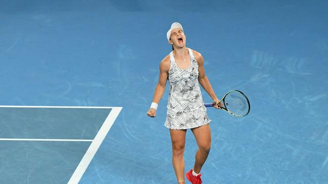 Australia's Ashleigh Barty reacts after winning against Danielle Collins