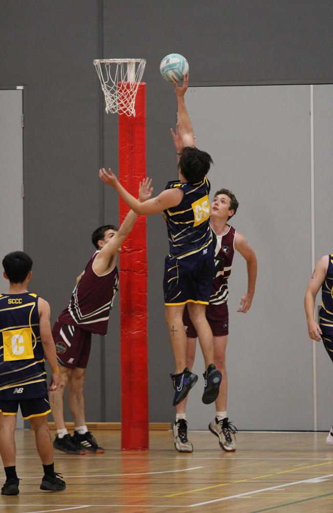 Netball action at QISSN 2024 held in Townsville. (Boys) Mt Maria College v St Catherine's Catholic College