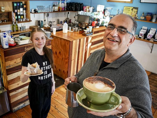 Glenelg cafe owner George Koritsa and cook Jordi-Lee Mitchell. Picture: Mike Burton