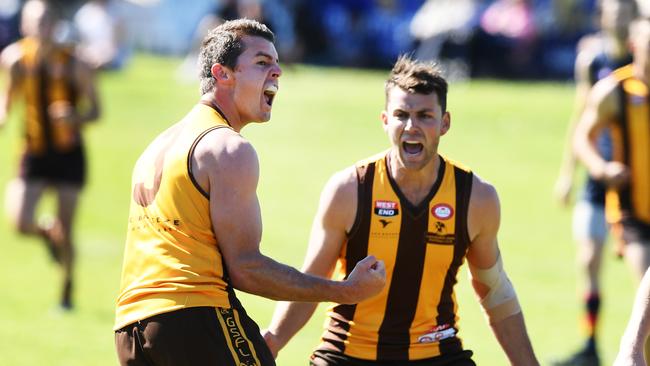 Jarrod Kellock of Langhorne Creek celebrates a goal in the Great Southern Football League grand final at Mt Compass Oval. Picture: Image AAP/Mark Brake