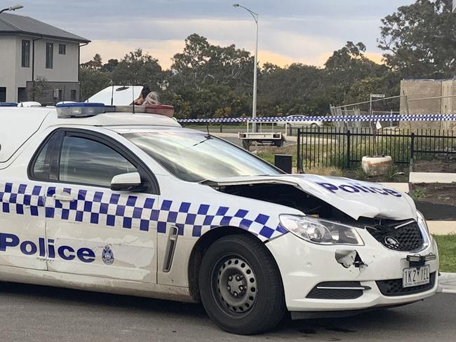 The rammed police van in Greenvale, Melbourne, this morning. A man was later shot by police. Picture: Herald Sun.