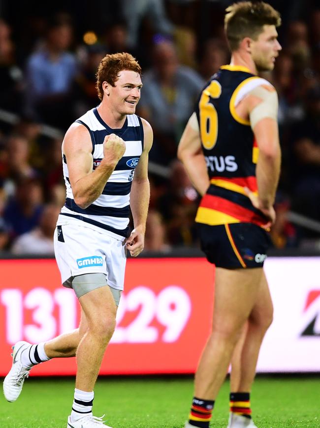 Bryce Gibbs watches Gary Rohan celebrate a goal last week. Picture: Mark Brake/Getty Images