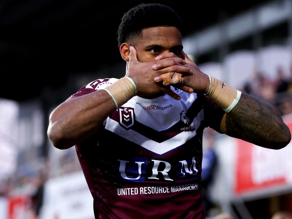 Jason Saab’s face mask celebration. Picture: Brendon Thorne/Getty Images