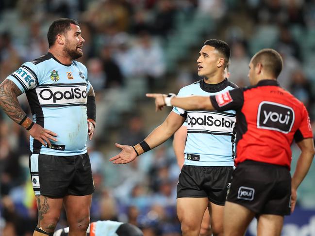 Cronulla's Andrew Fifita reacts to a decision from referee Ashley Klein during the Cronulla v Cowboys Elimination Final at Allianz Stadium, Sydney. Picture: Brett Costello