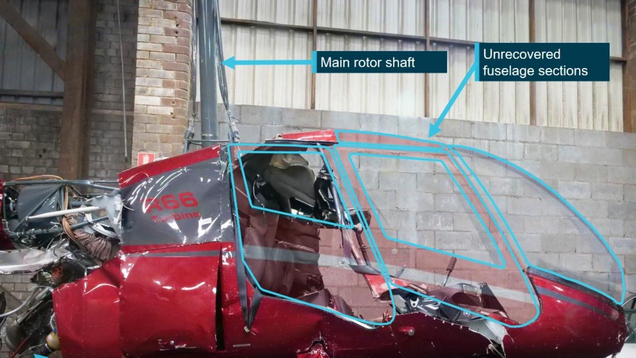 The entire windshield and forward cabin roof section, as well as the main rotor head were not located. Picture: Supplied/ Australian Transport Safety Bureau