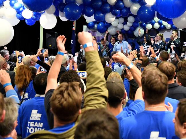 Members of the crowd cheer former Prime Minister and Warringah Liberal candidate Tony Abbott as concedes defeat at Manly Leagues Club in Brookvale on May 18. Picture: Bianca De Marchi