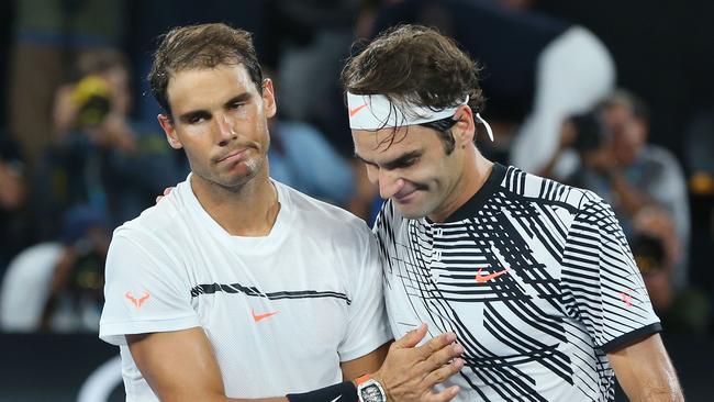 Roger Federer and Raphael Nadal. Photo by Michael Dodge/Getty Images.