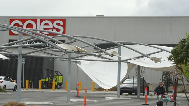 A carpark roof at Armstrong Creek Town Centre tore in high winds. Picture: Alison Wynd