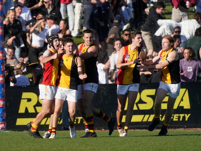 SFNL Division 1 grand final: Cranbourne v Cheltenham at RSEA Park. Cheltenham players celebrate a goal.  Picture: Valeriu Campan