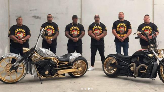 Deported Comanchero bikies pose with gold-plated bikes in a social media post mocking Australia’s policy of kicking out Kiwis on character grounds. Picture: Supplied