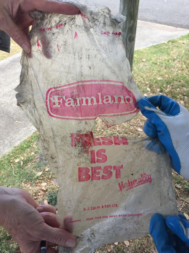 The plastic bag found in Wynnum mangroves which USC researchers say is up to 50 years old.