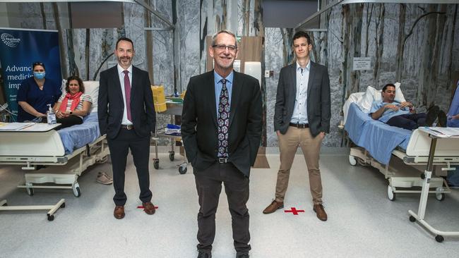 Professor Trent Munro, Professor Paul Young and Associate Professor Keith Chappell at the launch of Phase 1 clinical trials of the University of Queensland’s first Covid-19 vaccine.