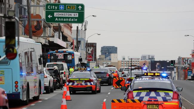 Police roadblock on Parramatta Rd at Annandale. Picture: Tim Hunter.