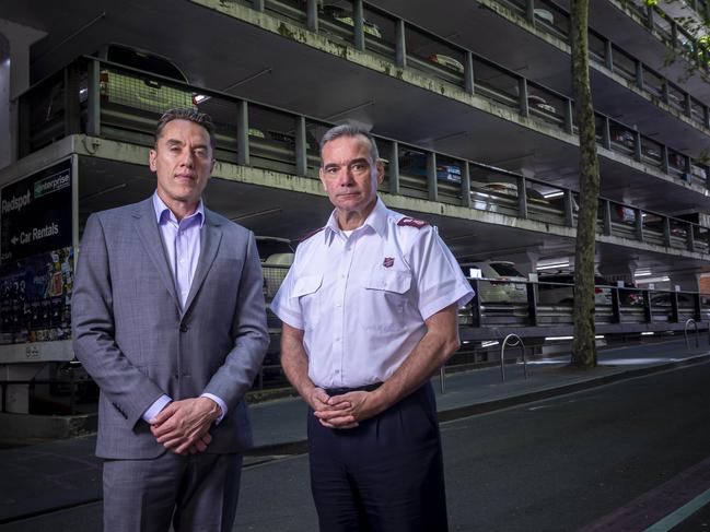 Lord mayoral candidate Anthony Koutoufides and Major Brendan Nottle at the Little Collins St car park. Picture: Wayne Taylor