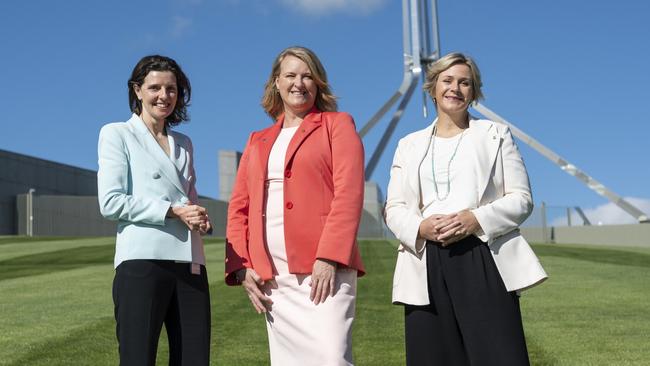 Teal MPs Allegra Spender, Kylea Tink and Zali Steggall on Canberra’s famous lawn. Picture: Martin Ollman