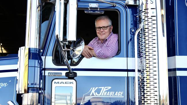 Prime Minister Scott Morrison visits Gladstone Ocean Tyres in Queensland on Sunday. Picture: Adam Taylor