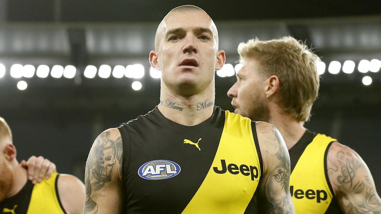 MELBOURNE, AUSTRALIA - JUNE 25: Dustin Martin of the Tigers walks from the ground after during the round 15 AFL match between the Richmond Tigers and the St Kilda Saints at Melbourne Cricket Ground on June 25, 2021 in Melbourne, Australia. (Photo by Darrian Traynor/Getty Images)