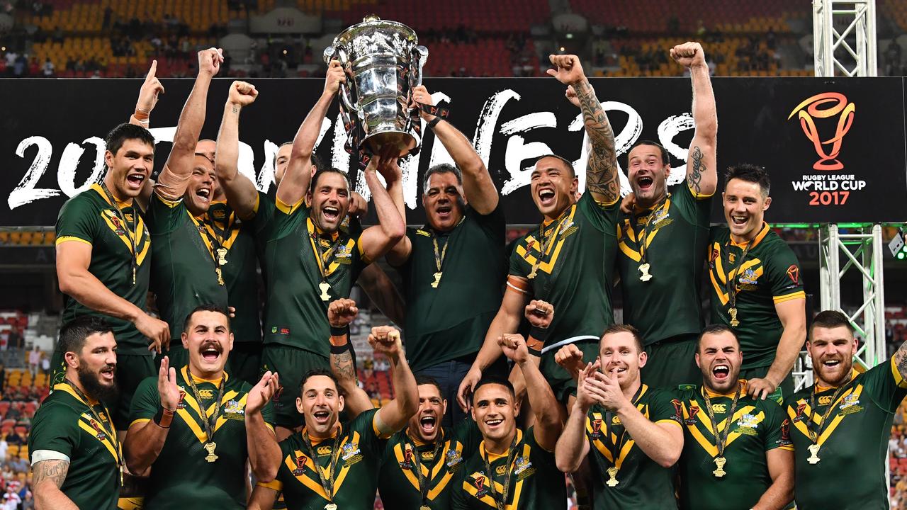 Australia celebrates winning the Rugby League World Cup Final between the Australian Kangaroos and England played at Suncorp Stadium in Brisbane, Saturday, December 2, 2017. (AAP Image/Darren England) NO ARCHIVING, EDITORIAL USE ONLY