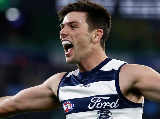 MELBOURNE, AUSTRALIA - MAY 03: Oliver Henry of the Cats celebrates a goal during the 2025 AFL Round 08 match between the Collingwood Magpies and the Geelong Cats at the Melbourne Cricket Ground on May 3, 2025 in Melbourne, Australia. (Photo by Michael Willson/AFL Photos via Getty Images)