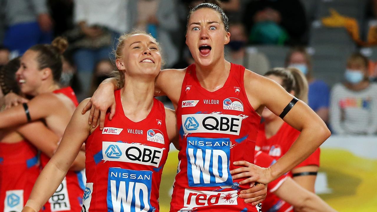 Tayla Fraser and Lauren Moore celebrate victory after their semi-final against the Giants last season.