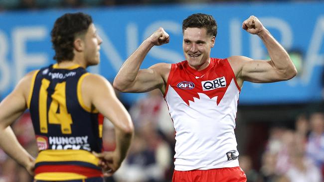 Sydney's Hayden Mclean celebrates kicking a goal during the AFL Round 24 match between the Sydney Swans and Adelaide Crows at the SCG on August 24, 2024.  Photo by Phil Hillyard(Image Supplied for Editorial Use only - **NO ON SALES** - Â©Phil Hillyard )