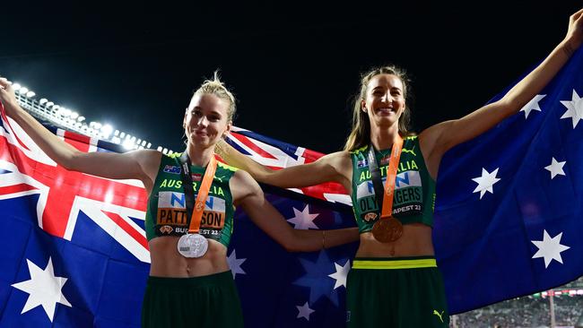 Australian high jump stars Eleanor Patterson and Nicola Olyslagers. Picture: Ben Stansall/AFP