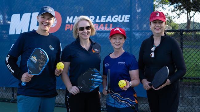 Former Premier Annastacia Palaszczuk and Yvette D'Ath play pickleball at the Redcliffe Tennis Centre, at an event organised by Health and Wellbeing Queensland. Picture: Facebook