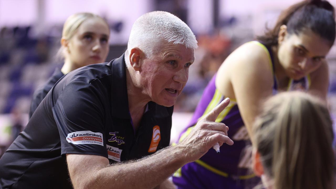 Boomers head coach Chris Lucas speaks to his charges during a semi-final against the Southside Flyers in March. Picture: by Daniel Pockett/Getty Images.