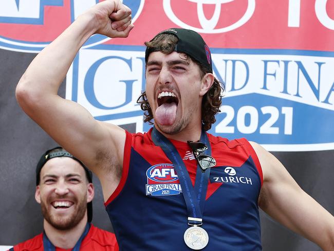 Jackson celebrating the 2021 premiership as a Demon. Picture: Michael Klein