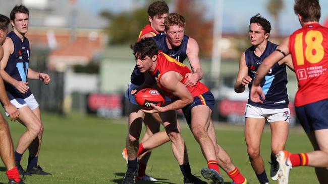 Sturt draft hopeful Jed McEntee in action for SA at the 2019 under-18 national championships. SANFL and community sport could be back by mid-June. Picture: Supplied, SANFL