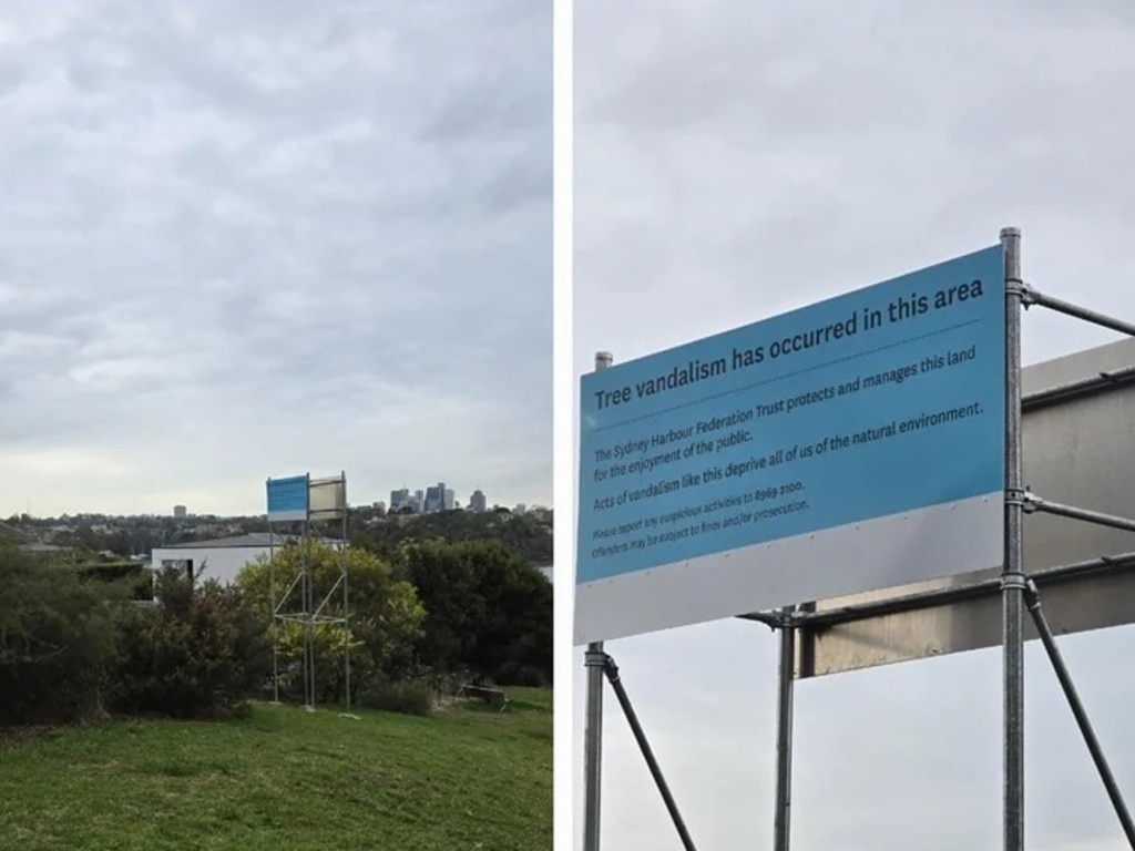 A sign erected after illegal tree clearing on Sydney Harbour. Picture: Supplied