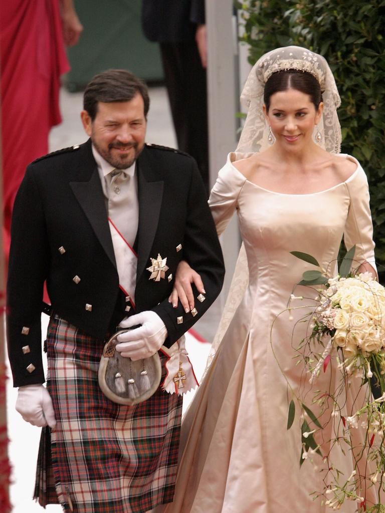 Mary’s father, John Donaldson, wore a kilt when he walked her down the aisle. Picture: Sean Gallup/Getty Images