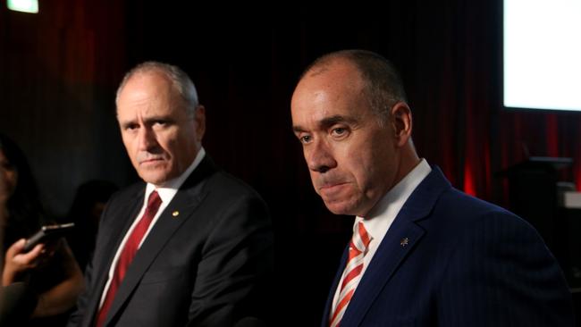 Ken Hayne has taken a swipe at NAB Chairman Ken Henry, left, and CEO Andrew Thorburn. Picture: David Geraghty