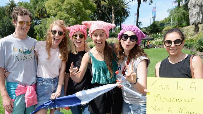 Tom Browne, Says Cameron, Steph Vipond, Justina Noble and Margie Woods at the Women’s March. Picture: Lawrence Pinder