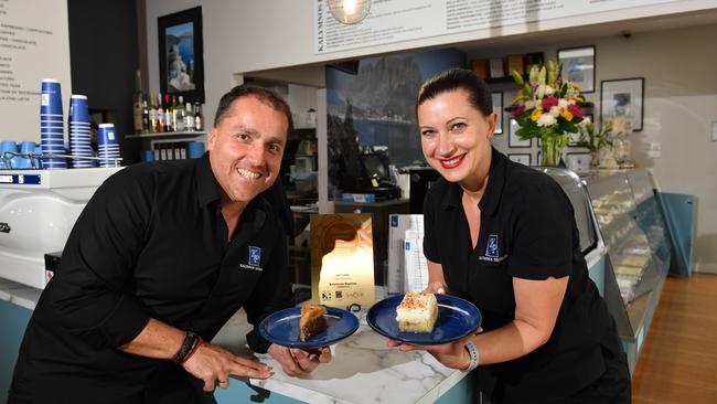 George and Eleni Diakomichalis serving up some cake at their cafe, Kalymnos Pastries, in Torrensville. Picture: AAP/Keryn Stevens