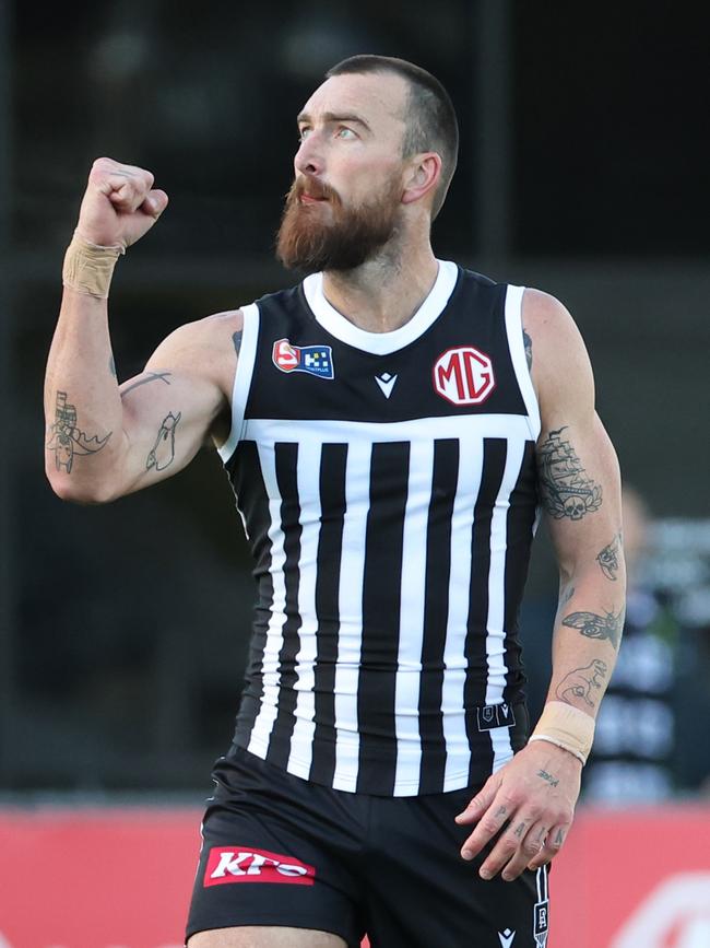 Charlie Dixon after booting a goal for the Magpies on Saturday. Picture: SANFL Image/David Mariuz