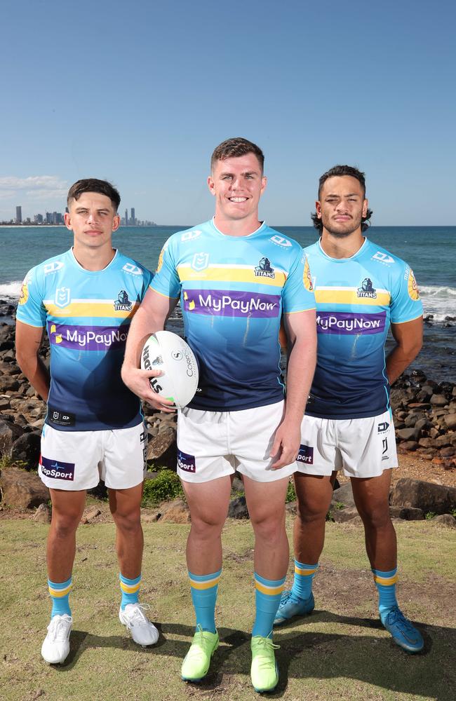 Jersey launch for the Titans season 2023 at Burleigh Heads. Jayden Campbell, Beau Fermor and Phillip Sami modelling the new jersey. Picture Glenn Hampson