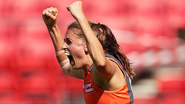 Aimee Schmidt celebrates a goal during the narrow loss. Picture: AFL Photos/Getty Images