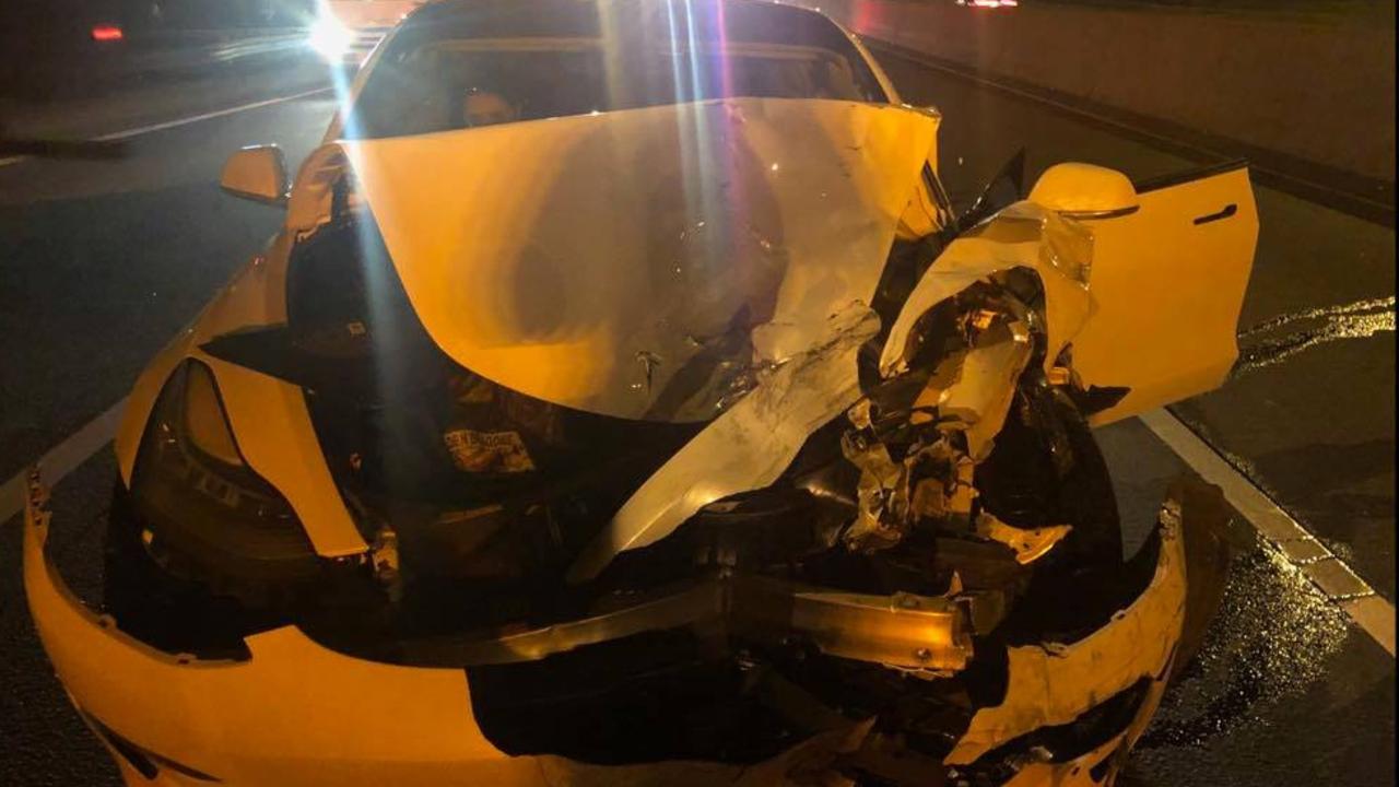 A Tesla driver has rammed into a police patrol car in the United States. Picture: Connecticut Police Facebook page.