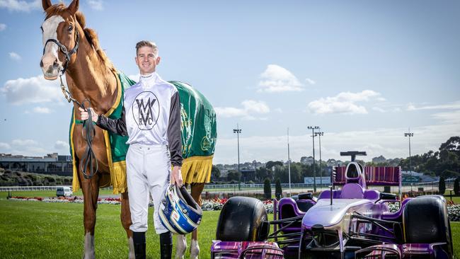 Melbourne Cup winning jockey Jye McNeil with horse Apache Cat ahead of the William Reid Stakes. Picture: Jake Nowakowski