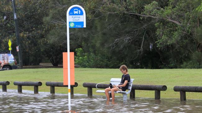 Elanora locals wait for the bus at a flooded Bus Stop on 19th Avenue. Photo: Scott Powick