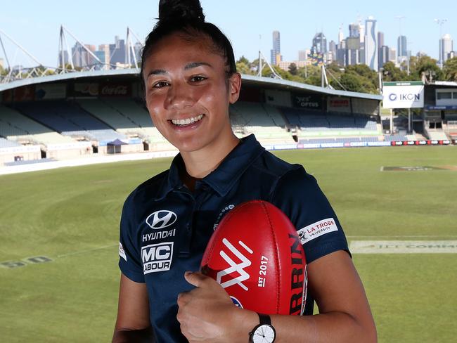 Carlton AFLW star Darcy Vescio relaxing before training. 8th March, Melbourne Australia . Picture : George Salpigtidis