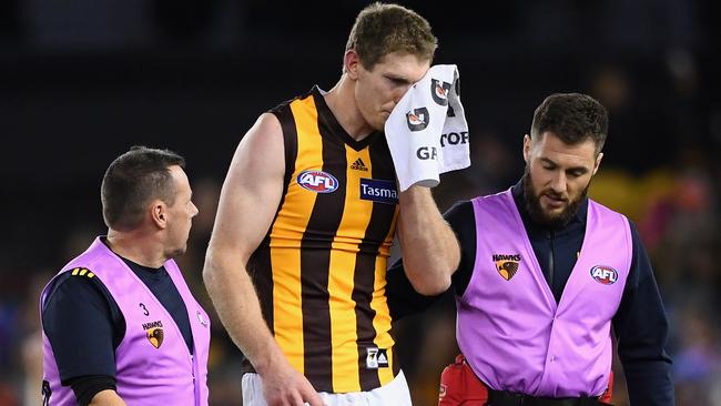 Ben McEvoy broke his cheekbone in the Hawks’ Round 16 clash with the Western Bulldogs, and later needed surgery. Picture: Getty Images