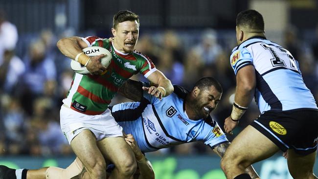 Damien Cook had an injury scare in the Rabbitohs’ loss. Picture: Getty Images