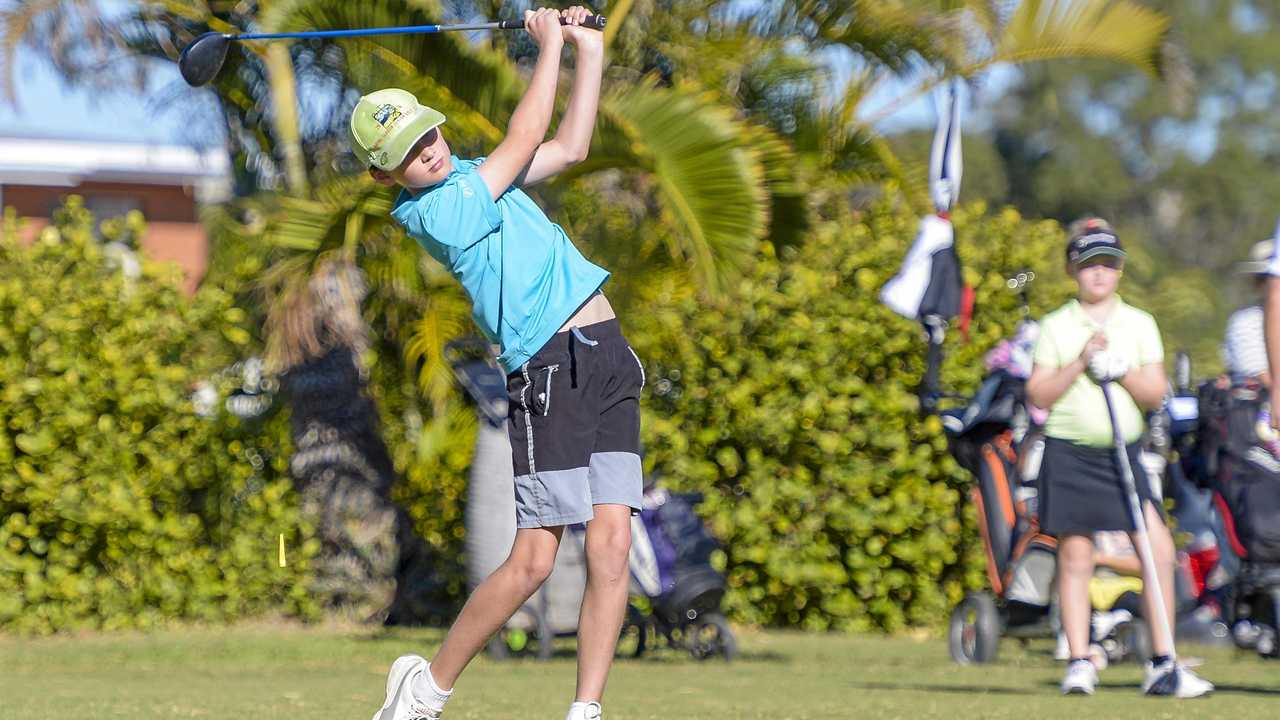 SOLID SWING: Xander White tees off at the Gladstone Junior Golf Open's 13-hole category. Picture: Matt Taylor GLA040819GOLF