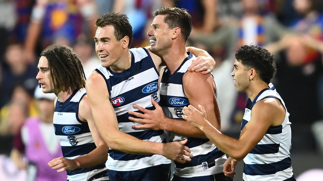 Tom Hawkins’ Cats defeated the Lions. Picture: Quinn Rooney