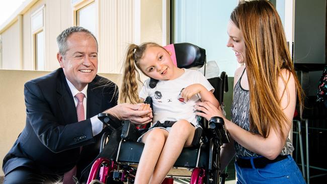 Bill Shorten with NDIS participant Ava, 5, and Jessica Balestrin after the NDIS forum in Hallett Cove. Picture: Morgan Sette