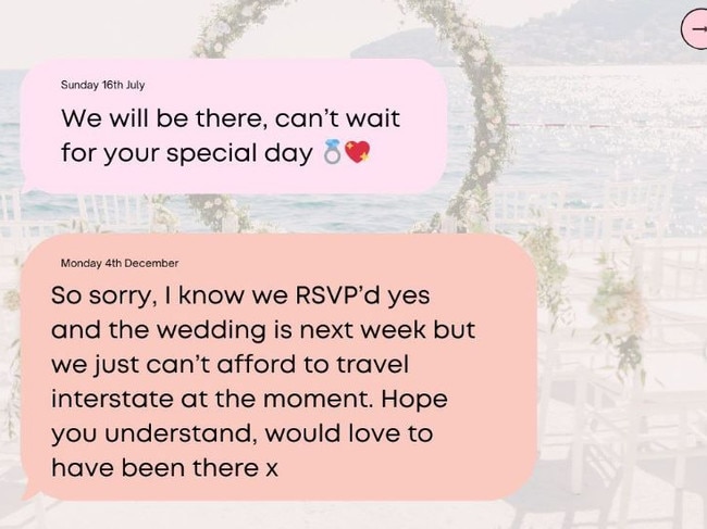 The bride claimed the guest cancelled a week out from her wedding. Picture: @shesonthemoneyaus/Instagram