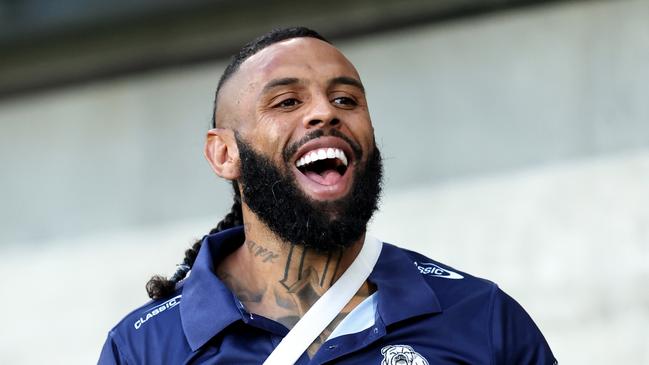 Josh Addo-Carr watched the second half with his arm in a sling. Picture: Brendon Thorne/Getty Images