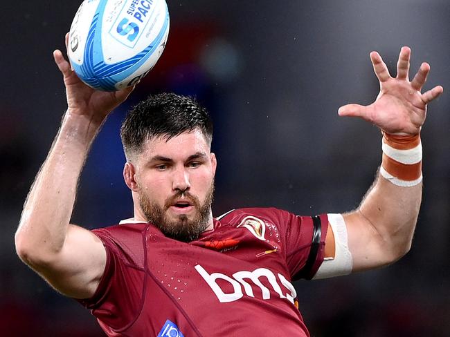 BRISBANE, AUSTRALIA - FEBRUARY 24: Liam Wright of the Reds compete at the lineout during the round one Super Rugby Pacific match between Queensland Reds and NSW Waratahs at Suncorp Stadium, on February 24, 2024, in Brisbane, Australia.  (Photo by Bradley Kanaris/Getty Images)